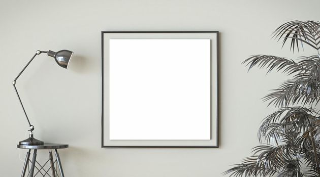 Mock up blank picture frame black lamp and black tropical leafs  3D render illustration