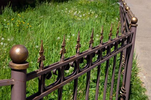 Image of a Beautiful decorative cast iron wrought fence with artistic forging. Metal guardrail close up.