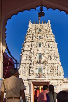 Sri Rangnath Swamy Temple or Purana Rangji Mandir is a hindu temple in Pushkar in Rajasthan state of India. The ornate tower against blue sky