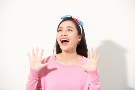 excited happy girl woman expression, amazed woman, surprised asian woman looking, casual girl portrait studio white background isolated, excited happy people concept, beautiful girl asian woman model