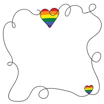 Flag LGBT icon, decorative frame, hand drow border with hearts. Template design, vector illustration. Love wins. LGBT symbol in rainbow colors. Gay pride collection. Copy space.