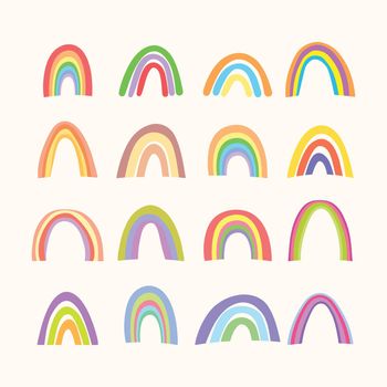 Trendy isolated colorful hand drawn rainbows. Design for invitation, poster, card, fabric. Cute abstract holiday rainbow illustration for baby. Scandinavian doodle style.