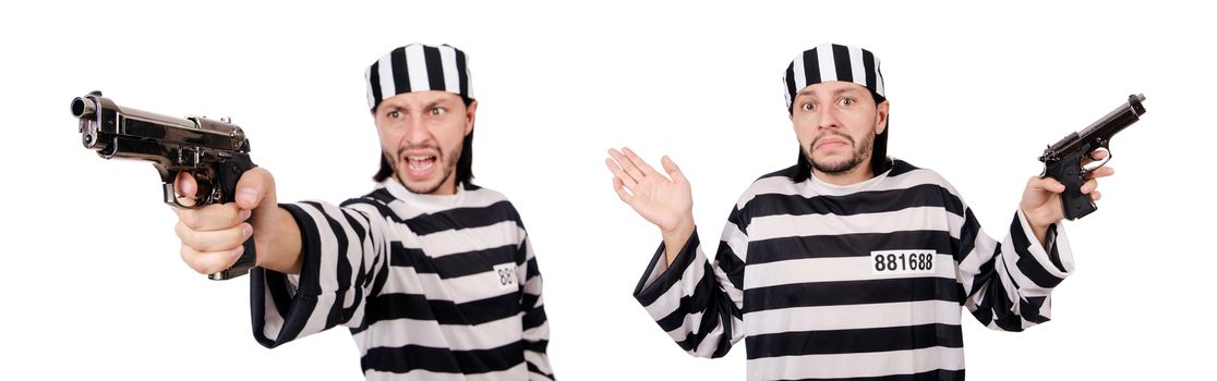 Prison inmate with gun isolated on white