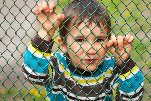 Handsome young boy behind the iron grid