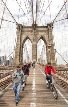 NEW YORK, USA - Apr 29, 2016: NYC street scene. New Yorkers and tourists walking on the Brooklyn Bridge. Manhattan skyline in background