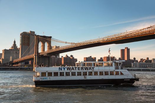 NEW YORK, USA - May 01, 2016: NY Waterway Boat at Lower Manhattan. NY Waterway is a private transportation company running ferry and bus service in Port of New York, New Jersey and Hudson Valley