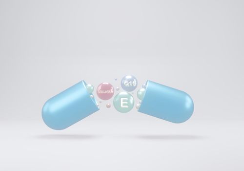 Abstract blue capsule supplement with dispersed particles rich in collagen, vitamin E, and natural extracts. food supplement brand concept white isolated background with copy space 3d rendering.