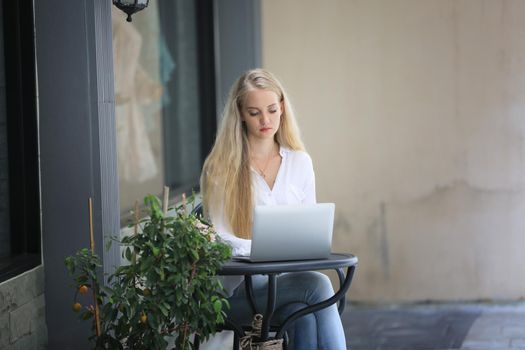 Beautiful blonde hair girl sitting with laptop in front of retails shop,Small business owner concept