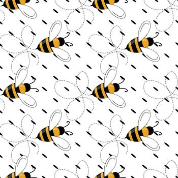 Seamless pattern with bees on white polka dots background. Small wasp. Vector illustration. Adorable cartoon character. Template design for invitation, cards, textile, fabric. Doodle style.