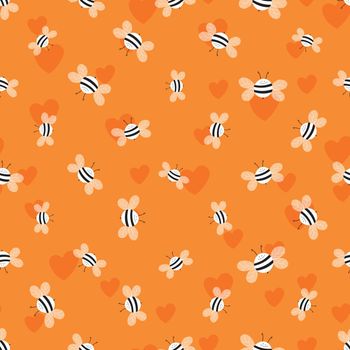 Seamless pattern with bees and hearts on color background. Small wasp. Vector illustration. Adorable cartoon character. Template design for invitation, cards, textile, fabric. Doodle style