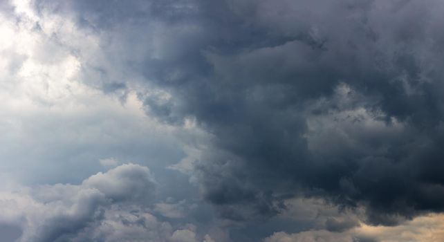 full frame panoramic summer storm clouds background, view from ground surface