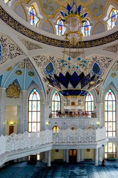 Kazan, Russia - May 19, 2021. View of the prayer hall for believers of the Kul Sharif cathedral mosque. Religion, Islam. Selective focus.