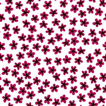 Seamless pattern with blossoming Japanese cherry sakura for fabric, packaging, wallpaper, textile decor, design, invitations, print, gift wrap, manufacturing. Fuchsia flowers on white background