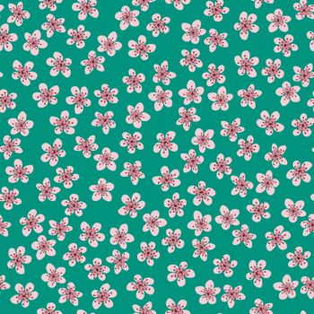 Seamless pattern with blossoming Japanese cherry sakura for fabric, packaging, wallpaper, textile decor, design, invitations, print, gift wrap, manufacturing. Pink flowers on sea green background