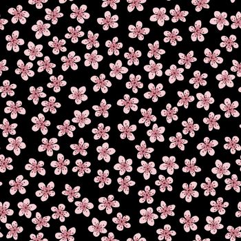 Seamless pattern with blossoming Japanese cherry sakura for fabric, packaging, wallpaper, textile decor, design, invitations, print, gift wrap, manufacturing. Pink flowers on black background