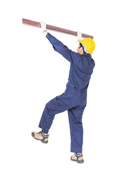 Young plumber in uniform holding pvc pipe isolated on white background