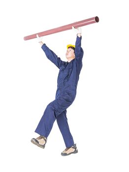 Young plumber in uniform holding pvc pipe isolated on white background