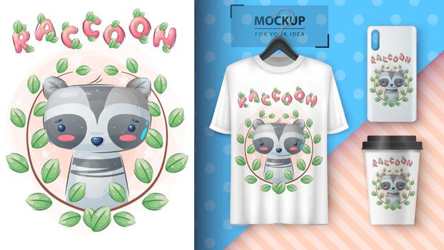 Raccoon in flower - poster and merchandising. Vector eps 10