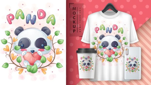 Panda with heart poster and merchandising. Vector eps 10