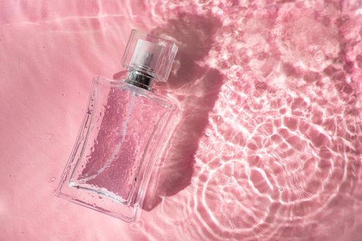 Perfume bottle on the background and water drops. A bottle of perfume without inscriptions . Smell. Perfume on a pink background. Water drops. Copy space. Article about the choice of perfume