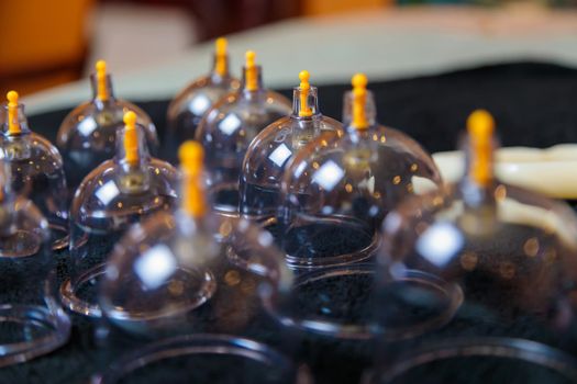 Vacuum vessels for the curative procedure of hijama bloodletting. Bloodletting, phlebotomy, sucking out dead blood cells