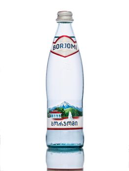 MOSCOW, RUSSIA - MARCH 17, 2017: Glass bottle of mineral water Borjomi. Isolated on white with clipping path