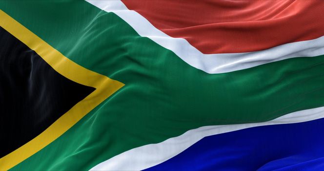 Detail of the national flag of South Africa flying in the wind. Democracy and politics.