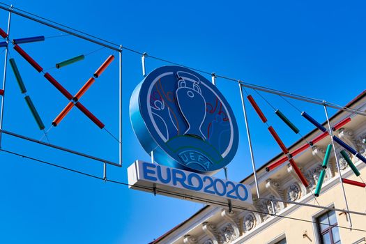 Saint Petersburg, Russia - February 10, 2021: Emblem of the Euro 2020 championship hangs over Nevsky Prospekt in Petersburg