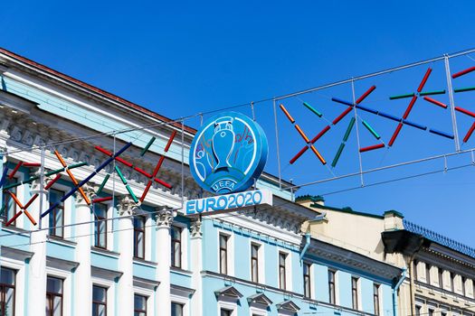 Saint Petersburg, Russia - February 10, 2021: Emblem of the Euro 2020 championship hangs over Nevsky Prospekt in Petersburg