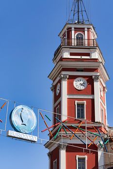 Saint Petersburg, Russia - February 10, 2021: Emblem of the Euro 2020 championship hangs over Nevsky Prospekt in Petersburg