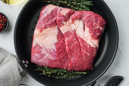 Raw Beef belly, beef brisket meat set,with ingredients for smoking making barbecue, pastrami, cure, on white stone background, top view flat lay