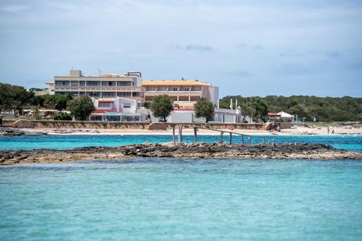 View on the beach of Es Pujols in Formentera in summer 2021.