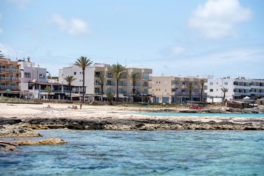 View on the beach of Es Pujols in Formentera in summer 2021.