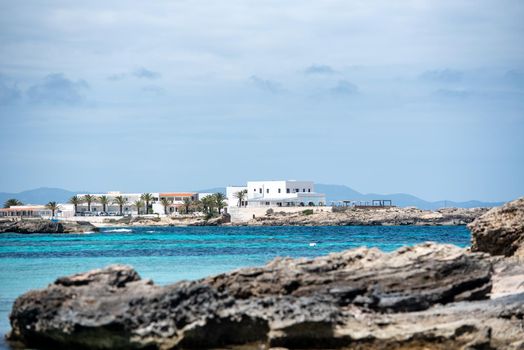 View on the beach of Es Pujols in Formentera in summer 2021.