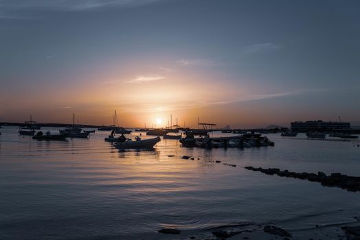 Sunset in the Estany d Es Peix in Formentera, Spain.