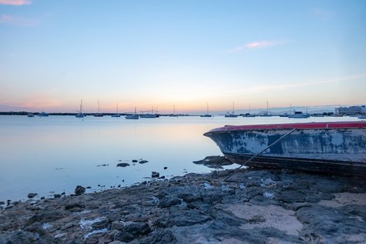Sunset in the Estany d Es Peix in Formentera, Spain.