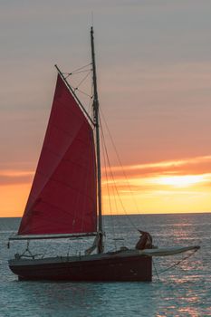 Sailing boat on the Island of Formentera in the summer of 2021 with Es Vedra behind.