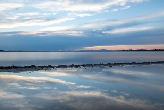 Sunset at the Estany Pudent in the Ses Salines Natural Park in Formentera, Spain.