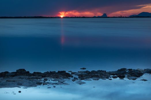 Sunset at the Estany Pudent in the Ses Salines Natural Park in Formentera, Spain.