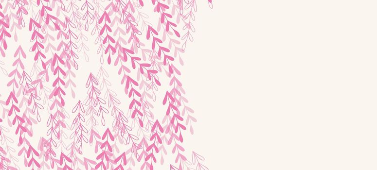 Floral web banner with drawn pink exotic leaves. Nature concept design. Modern floral compositions with summer branches. Vector illustration on the theme of ecology, natura, environment.