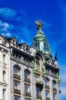 View of architectural details of the famous Singer House Building in St. Petersburg. House of Books city landmark