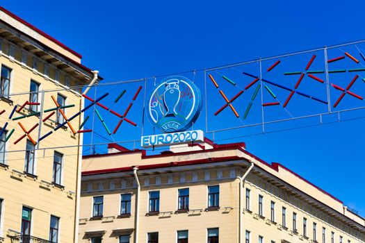 Saint Petersburg, Russia - June 10, 2021: Emblem of the Euro 2020 championship hangs over Nevsky Prospekt in Petersburg