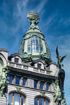 View of architectural details of the famous Singer House Building in St. Petersburg. House of Books city landmark
