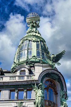 View of architectural details of the famous Singer House Building in St. Petersburg. House of Books city landmark