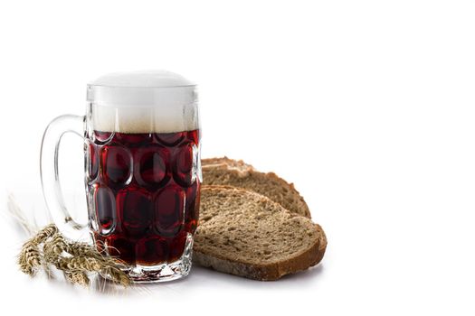 Traditional kvass beer mug with rye bread isolated on white background