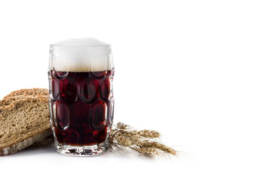 Traditional kvass beer mug with rye bread isolated on white background