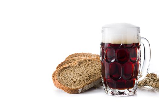 Traditional kvass beer mug with rye bread isolated on white background