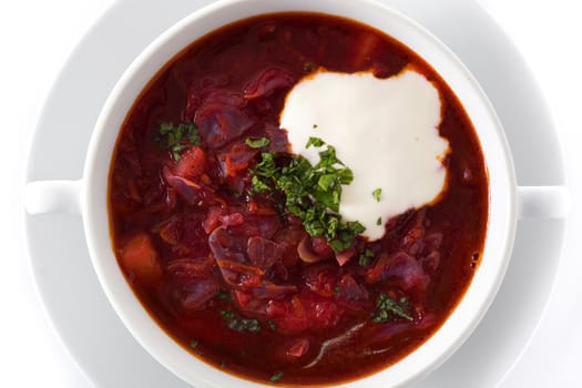 Traditional Ukrainian Russian borsch. Beetroot soup isolated on white background