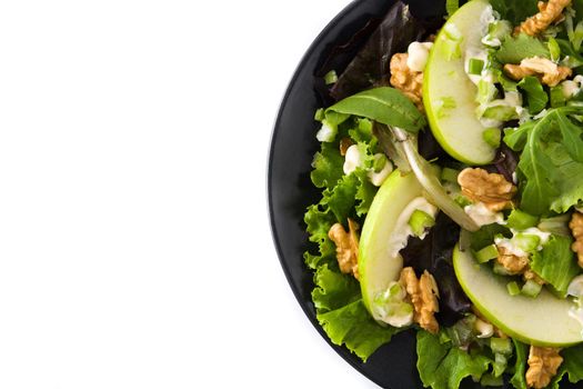 Fresh Waldorf salad with lettuce, green apples, walnuts and celery isolated on whtie background