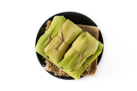 Mexican corn and chicken tamales isolated on white background